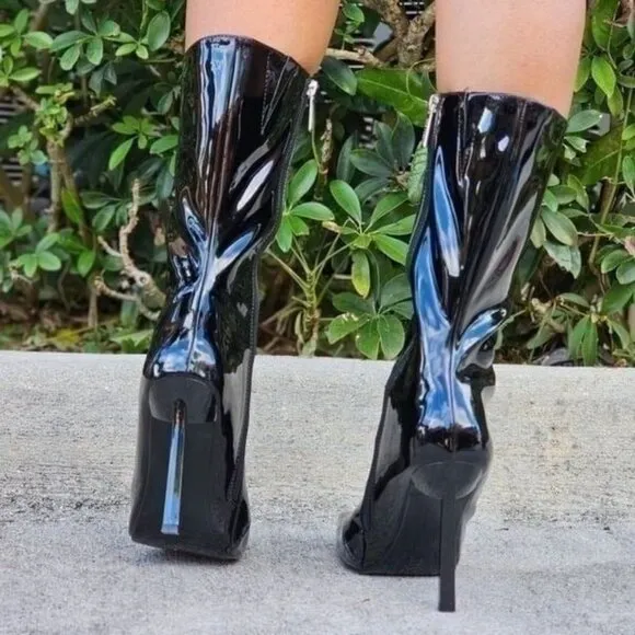 Women Mid Calf Square Toe Heel Boot Black Color‎