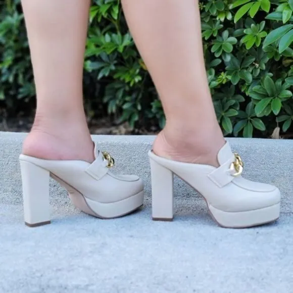 Women Platform Heeled Mule Open Loafers Nude Color