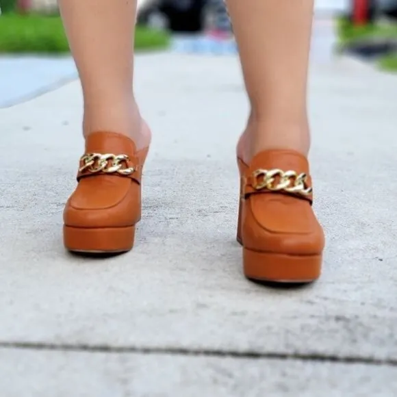 Women Platform Heeled Mule Open Loafers Tan Color