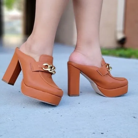 Women Platform Heeled Mule Open Loafers Tan Color