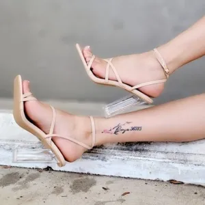 Women Square Toe Clear Block High Heel Sandals Nude Color
