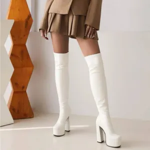 Women White Minimalist Platform Chunky Heeled Boots, Round Toe High Heel Classic
