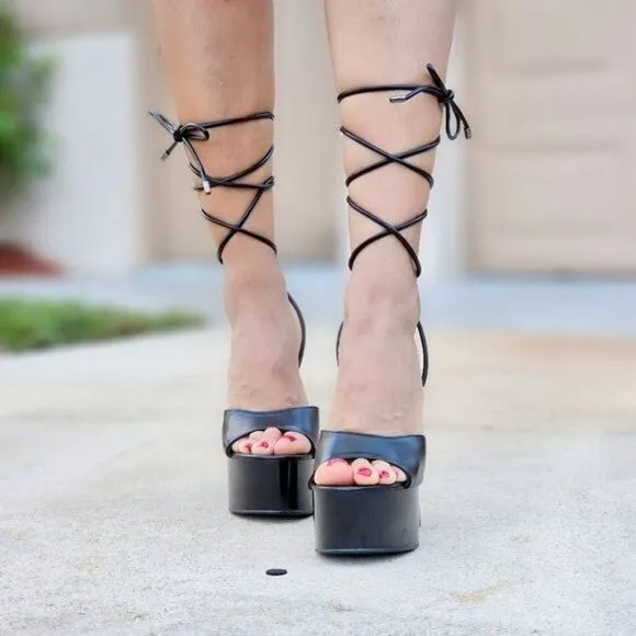 Women Ankle Strap High Chunky Heel Platform Sandals Black Color