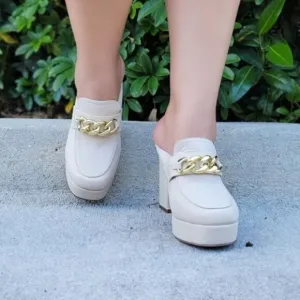 Women Platform Heeled Mule Open Loafers Nude Color