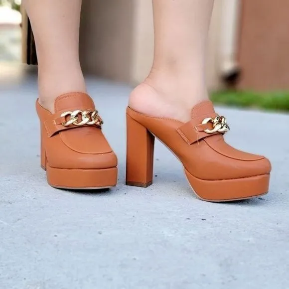 Women Platform Heeled Mule Open Loafers Tan Color