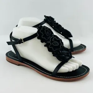 Womens 8.5M Kate Spade‎ Caryl Rosette Sandals Black Leather T-Strap Open Toe