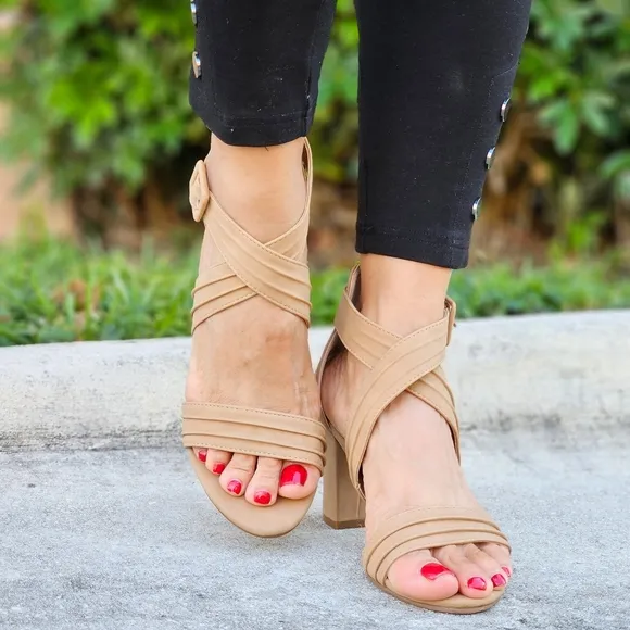 Women's Ankle Strap Block Heel Dress Sandals Natural Color
