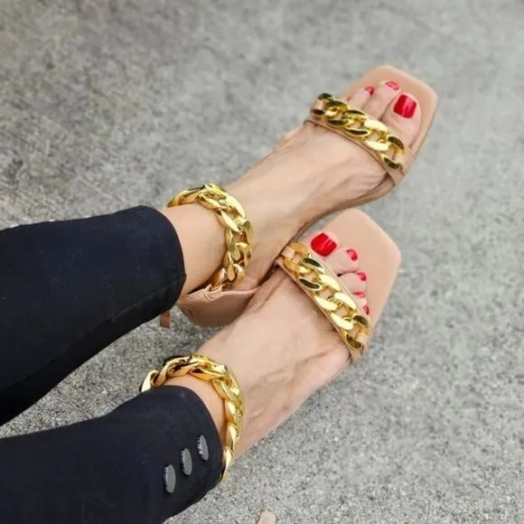 Womens Ankle Strap Heels Chains Stiletto Sandals Nude Color