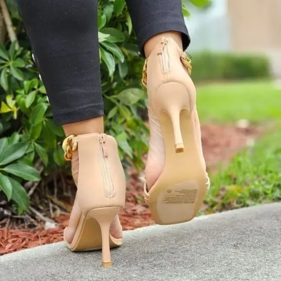 Womens Ankle Strap Heels Chains Stiletto Sandals Nude Color