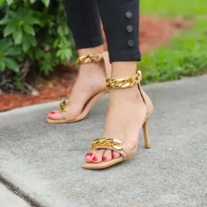 Womens Ankle Strap Heels Chains Stiletto Sandals Nude Color
