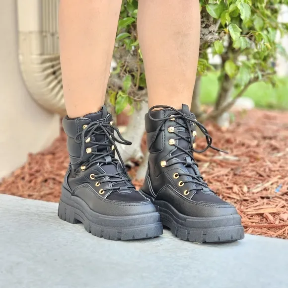 Women's Black Chunky Block High Heel Ankle Combat Booties