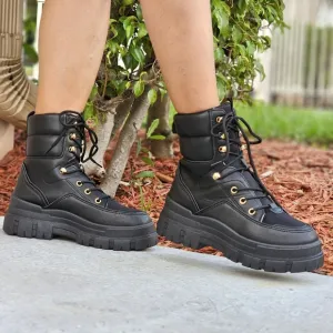 Women's Black Chunky Block High Heel Ankle Combat Booties