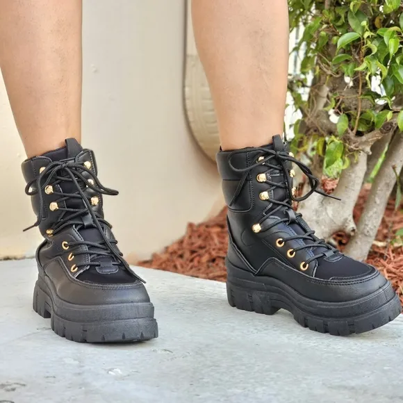 Women's Black Chunky Block High Heel Ankle Combat Booties