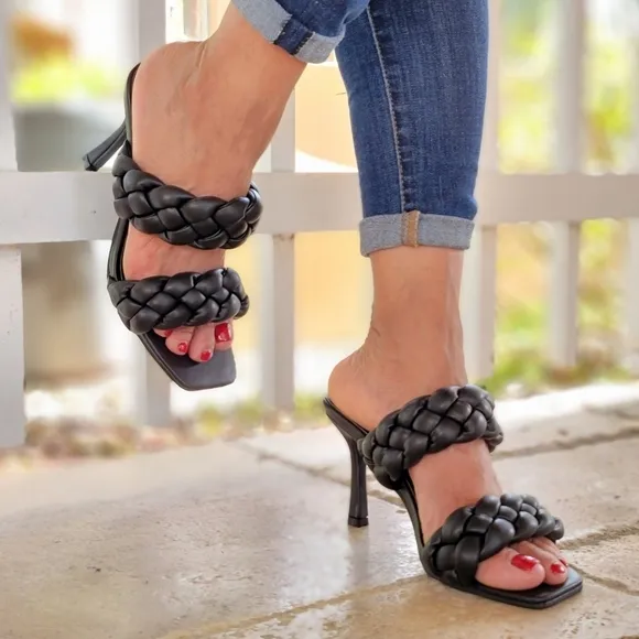 Women's Black Double Braided Square Toe Mule Sandal