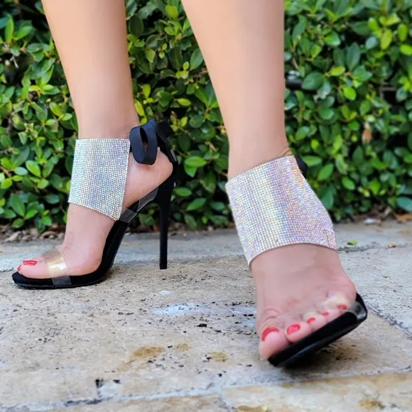 Women's Black Rhinestone Glitter Stilettos High Heel Sandals