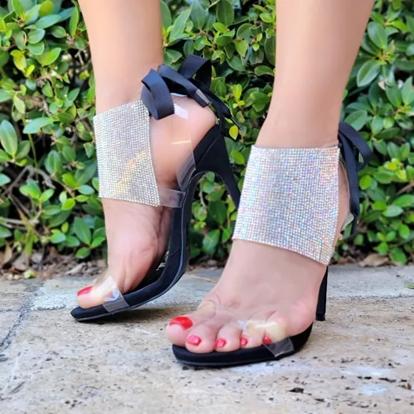 Women's Black Rhinestone Glitter Stilettos High Heel Sandals