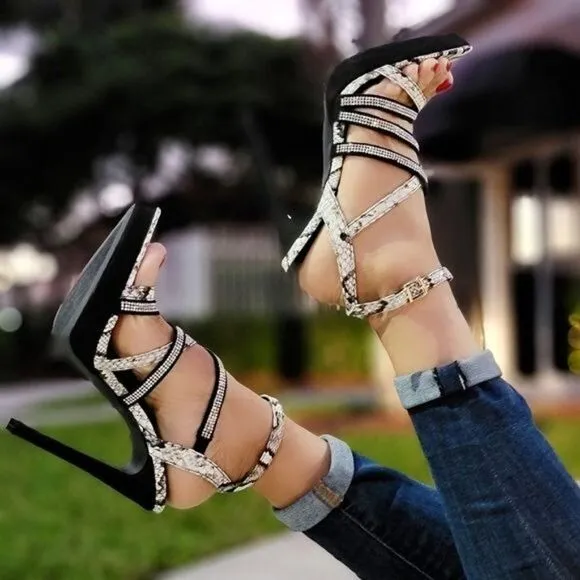 Women's Black Animal Print Rhinestone Strappy High Heels