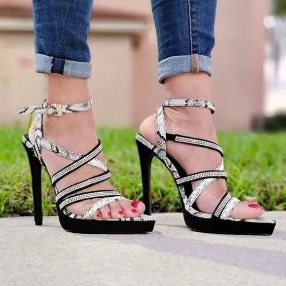 Women's Black Animal Print Rhinestone Strappy High Heels