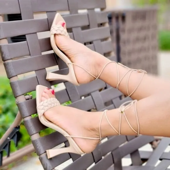 Women's Braided Nude Strappy Pyramid Heel Gladiator Sandals