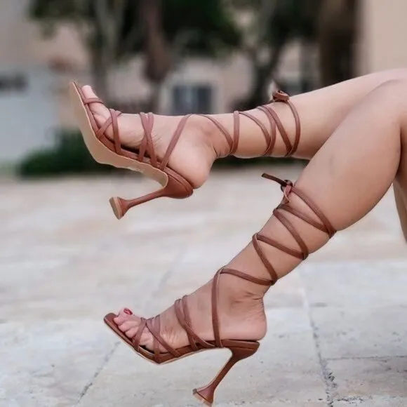 Women's Brown Strappy Pyramid Heel Gladiator Sandals