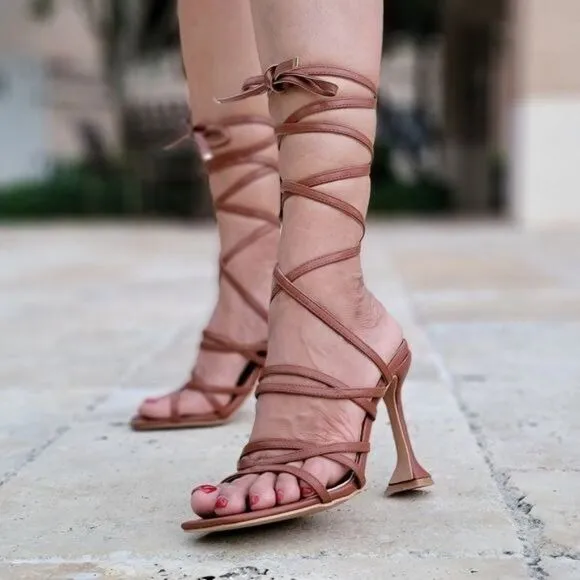 Women's Brown Strappy Pyramid Heel Gladiator Sandals