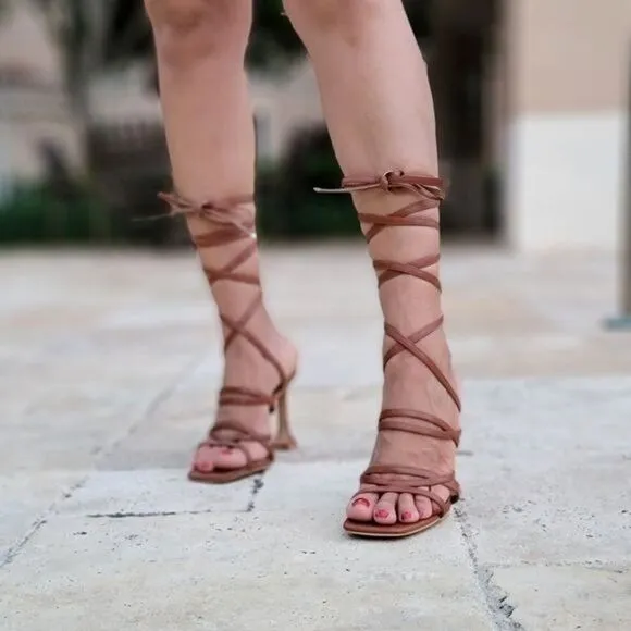 Women's Brown Strappy Pyramid Heel Gladiator Sandals