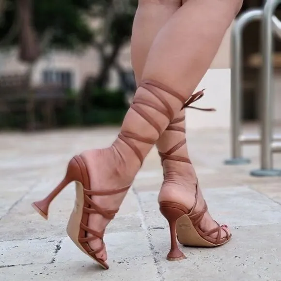 Women's Brown Strappy Pyramid Heel Gladiator Sandals
