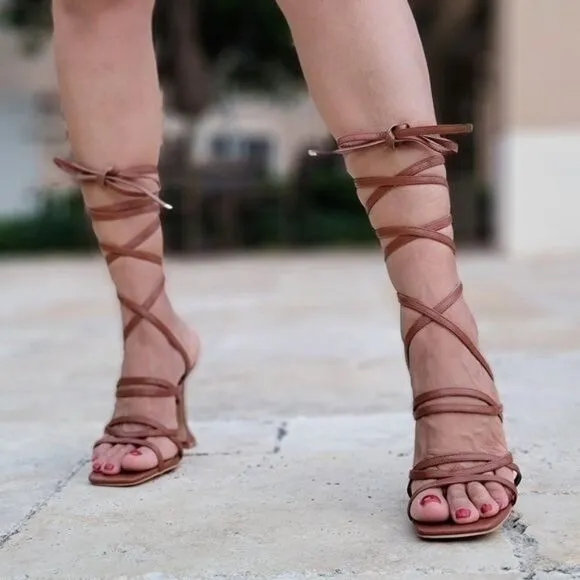 Women's Brown Strappy Pyramid Heel Gladiator Sandals