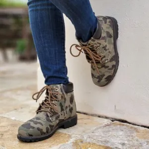 Women's Camouflage Combat Lace-up Ankle Boots Low Heel
