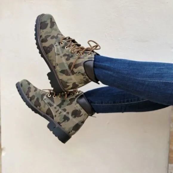 Women's Camouflage Combat Lace-up Ankle Boots Low Heel