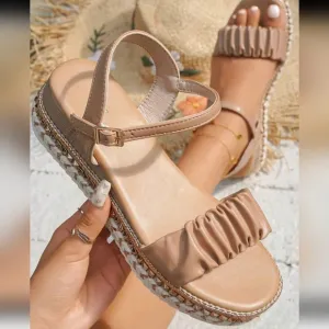 Women's Casual Fashionable Vacation Style Round Toe Pleated PU Leather Open Toe