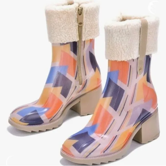 Womens Chunky Block Heel Ankle Boots‎ Print Color