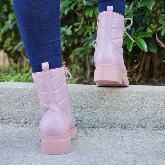 Womens Chunky Block Heel Ankle Combat Boots Pink Color