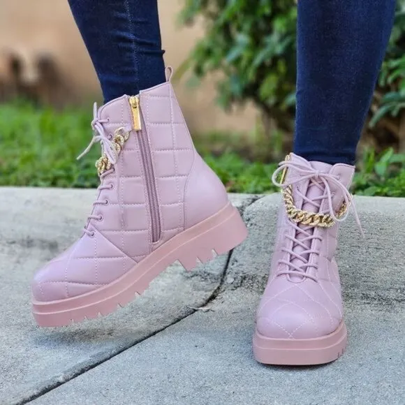 Womens Chunky Block Heel Ankle Combat Boots Pink Color