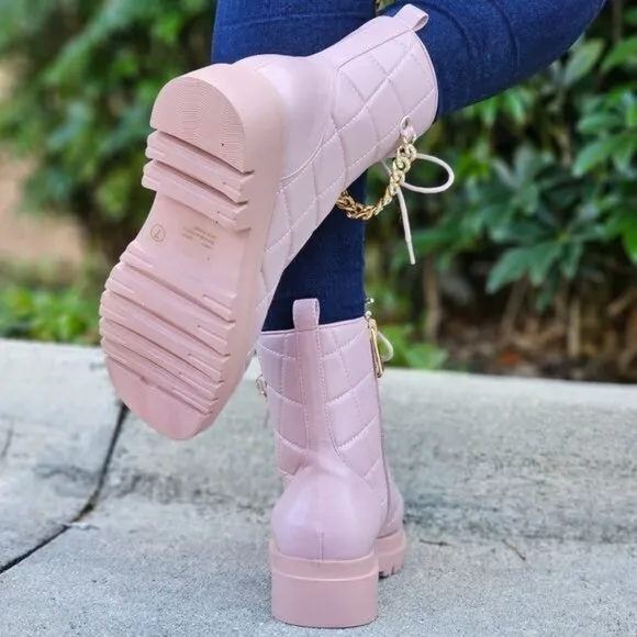 Womens Chunky Block Heel Ankle Combat Boots Pink Color