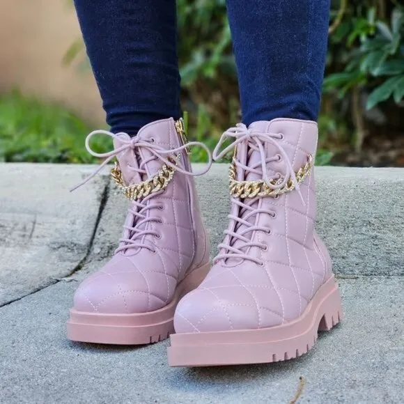 Womens Chunky Block Heel Ankle Combat Boots Pink Color