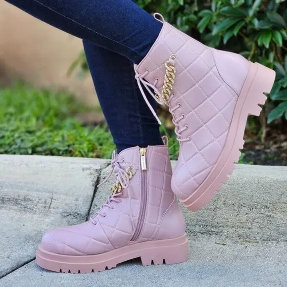 Womens Chunky Block Heel Ankle Combat Boots Pink Color