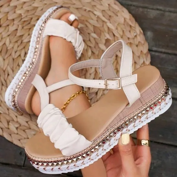 Women's Comfortable Casual Straw Woven Wedges, Peep-Toe PU Leather Sandals