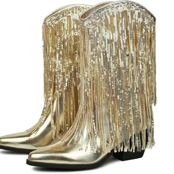 Women's Cowboy Boots Fringe Mid Calf Block Heels