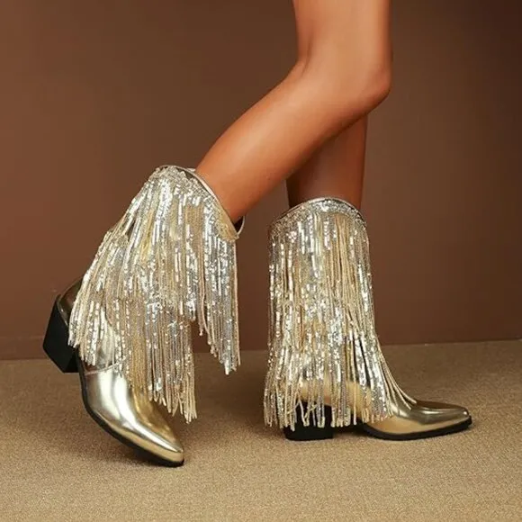 Women's Cowboy Boots Fringe Mid Calf Block Heels