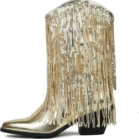 Women's Cowboy Boots Fringe Mid Calf Block Heels