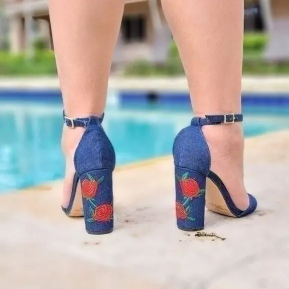 Women's‎ Denim Ankle Strap Chunky Heel Sandals