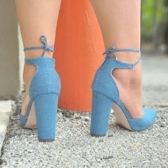 Women's Denim Point‎ Toe Ankle Strap Block Heel