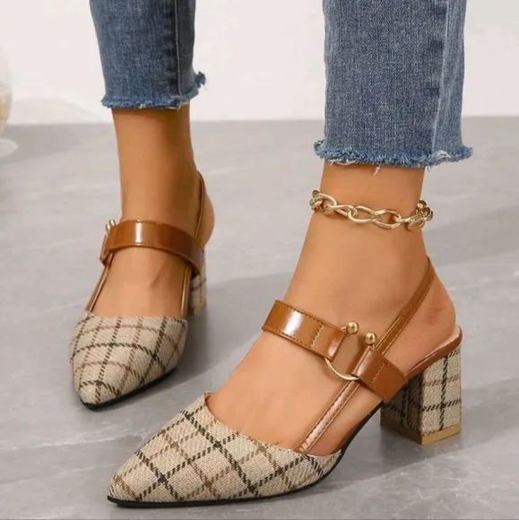 Women's Fashionable Square Fabric Material Peep Toe Chunky High Heels Sandals