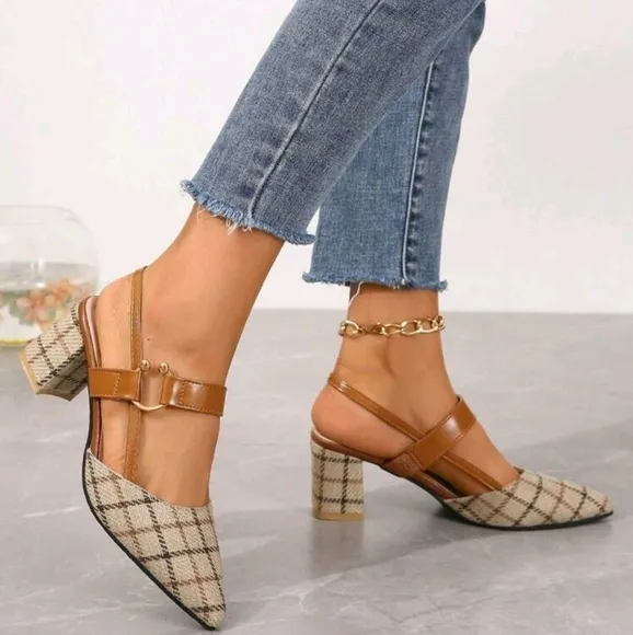 Women's Fashionable Square Fabric Material Peep Toe Chunky High Heels Sandals