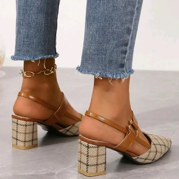 Women's Fashionable Square Fabric Material Peep Toe Chunky High Heels Sandals