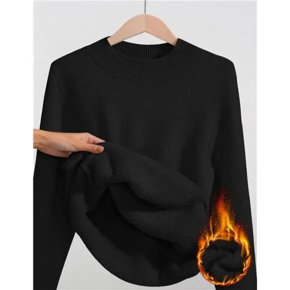 Women's Fleece Sherpa Lined Sweater Thermal Shirts Long Sleeve Pullover, Black