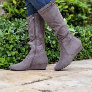 Women's Gray Wrinkle Finish‎ Calf Length Pull On Boots Rounded Toe