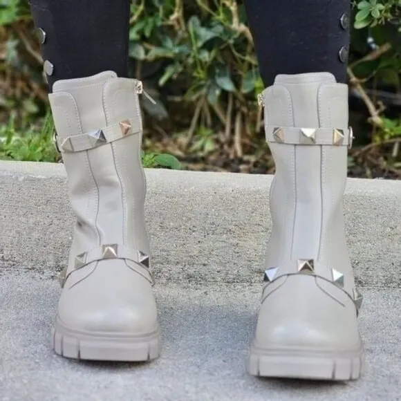 Women's‎ Grey Pyramid Stud Ankle Combat Boot