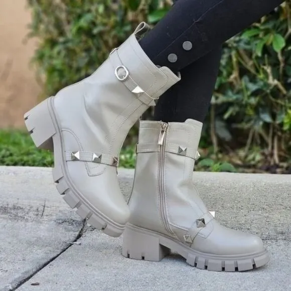 Women's‎ Grey Pyramid Stud Ankle Combat Boot